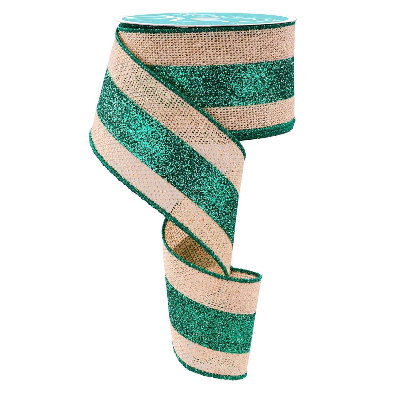 RG Ribbon 2.5" Farmhouse Glam Glitter Stripe with Wired Edges (Emerald Green, Natural, 10 Yards) - For Bows, Wreaths, Crafts, and Decorations - Christmas, St. Patrick's Day